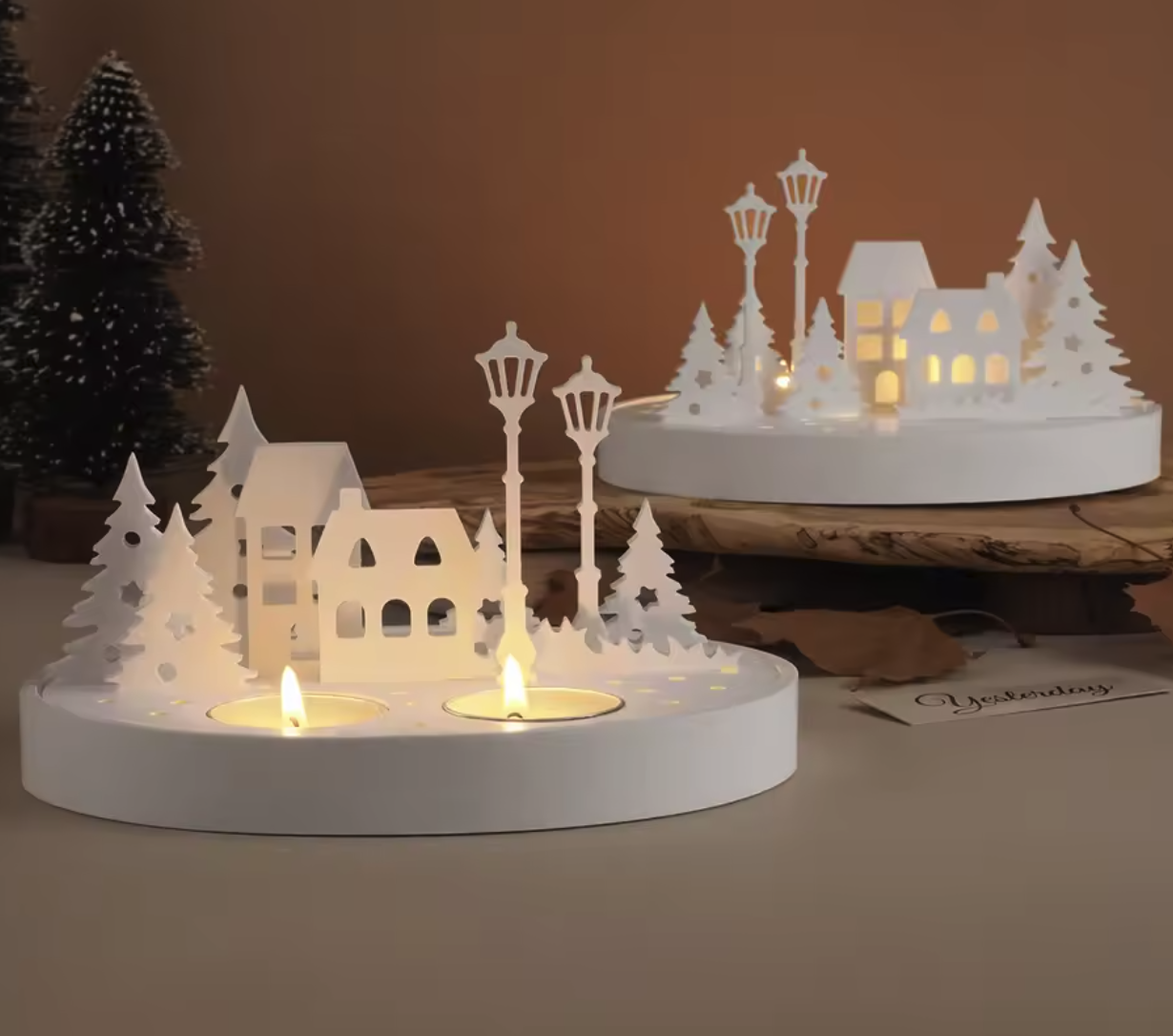 3 in 1 landscape decor Large Round Candle Holder Silicone Mold with Hollow Tree House Street Lamp DIY Nightlight Silhouette Candlestick Mold 3D Plaster Craft